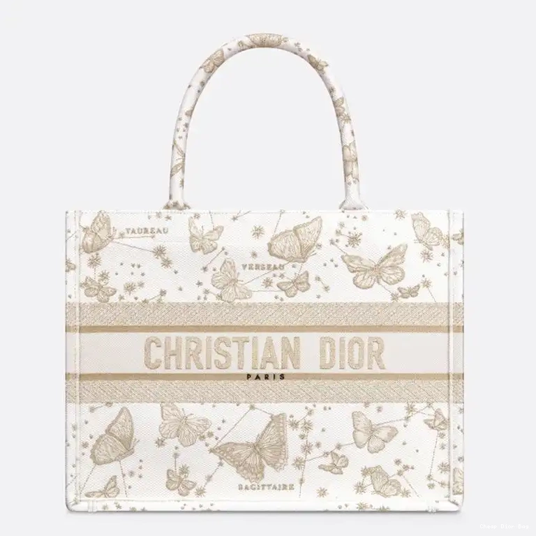 Canvas Tote Dior Motif Gold Butterfly Zodiac White Book 0509